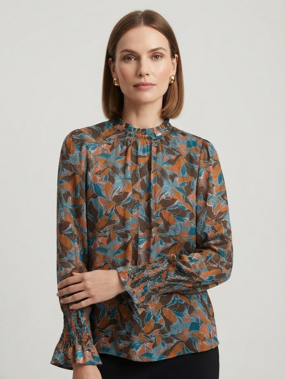 Maison d'Amélie Paris Blue Rust Floral Ruffle Smocked Long Sleeve Blouse XS